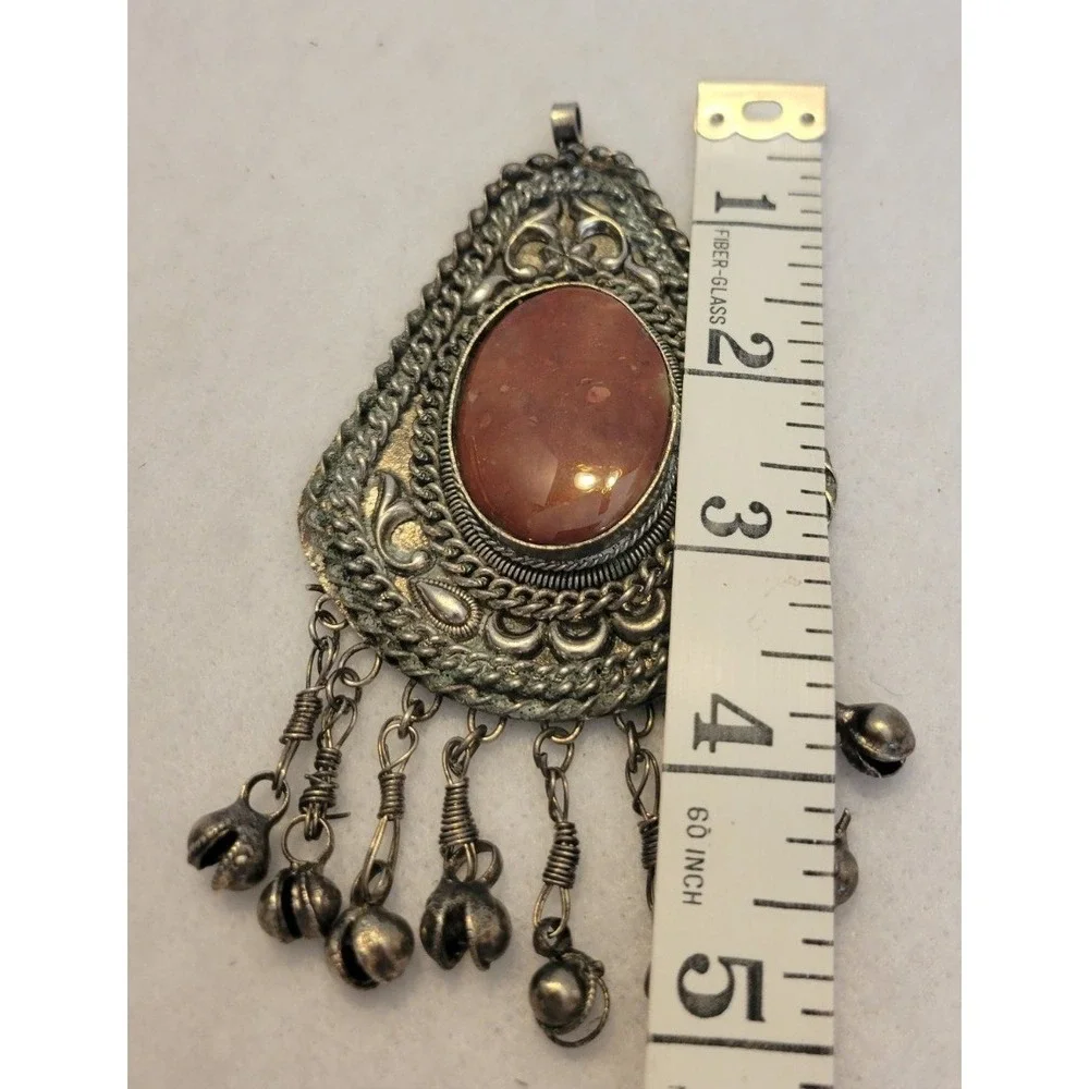 Vintage Tribal Boho Ethnic Pendant Carnelian Type Bell Statement Silver Tone